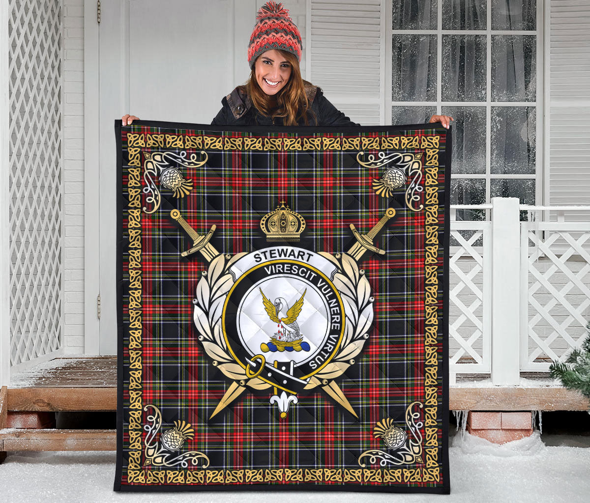 Stewart Black Tartan Crest Premium Quilt - Celtic Thistle Style
