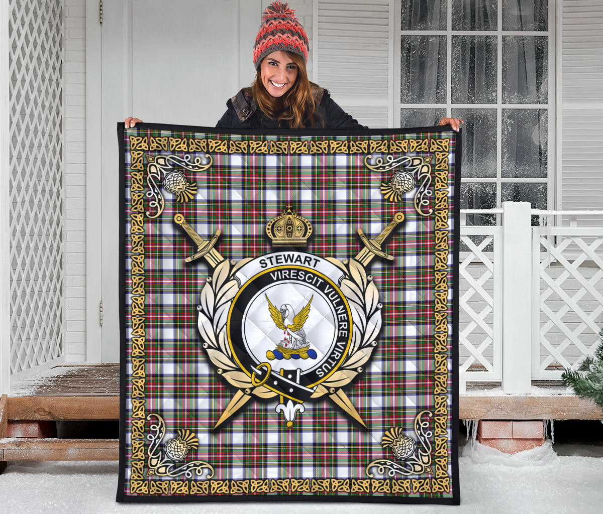 Stewart Dress Modern Tartan Crest Premium Quilt - Celtic Thistle Style