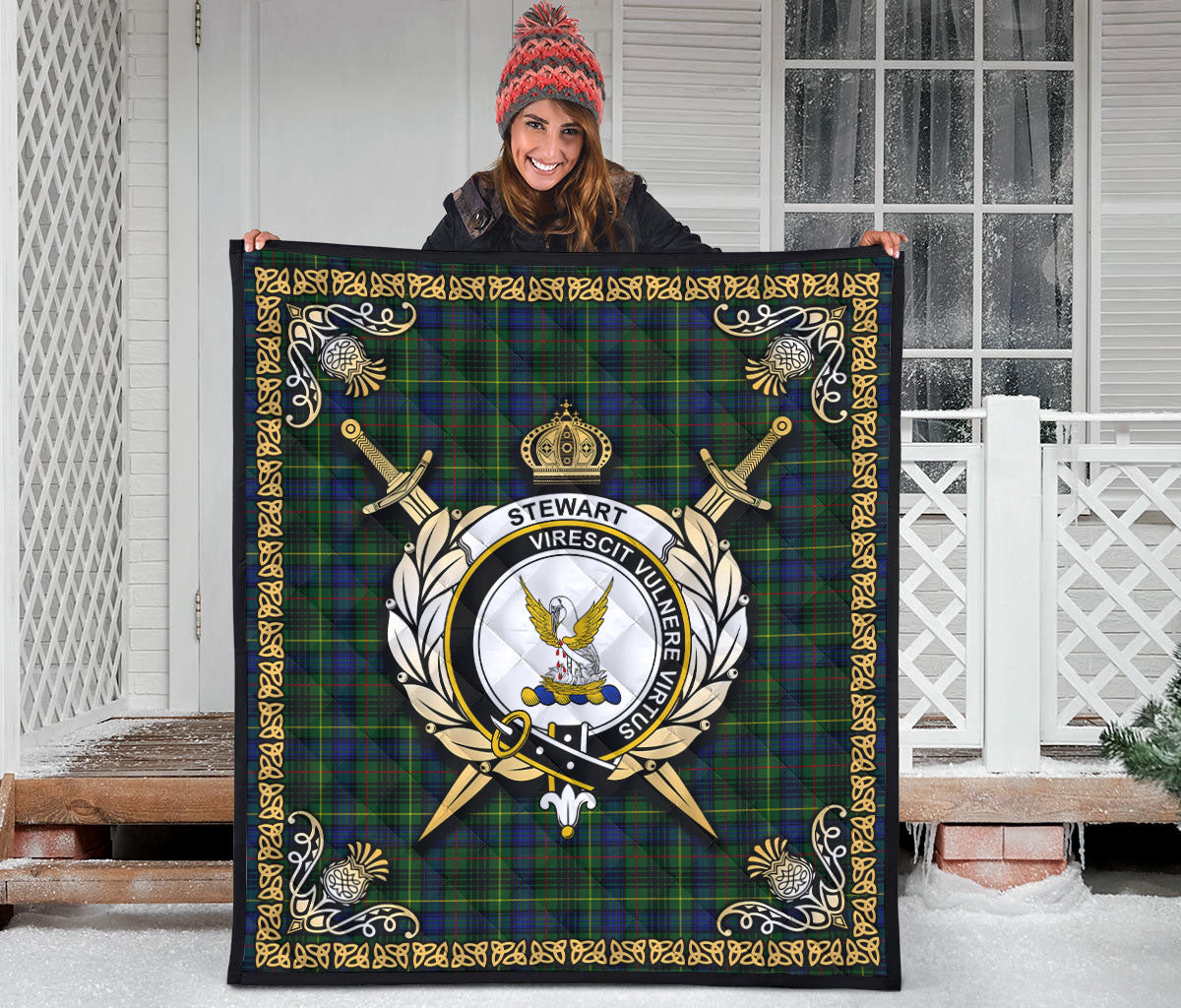 Stewart Hunting Modern Tartan Crest Premium Quilt - Celtic Thistle Style