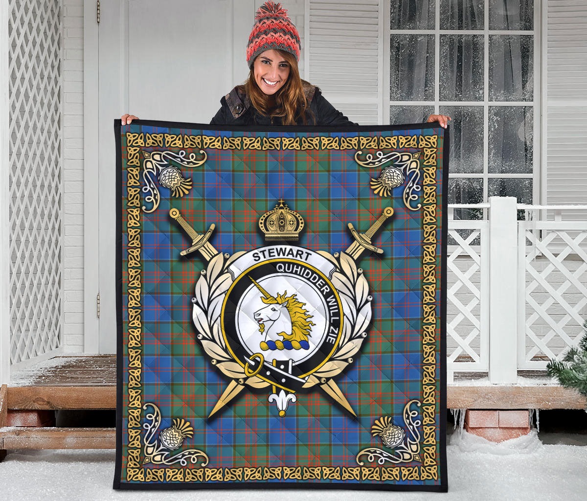 Stewart of Appin Hunting Ancient Tartan Crest Premium Quilt - Celtic Thistle Style