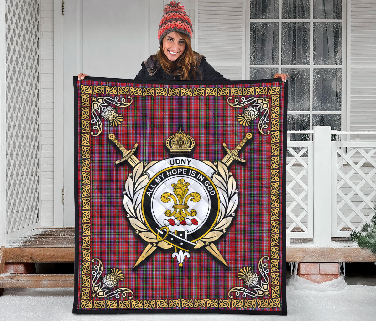 Udny Tartan Crest Premium Quilt - Celtic Thistle Style