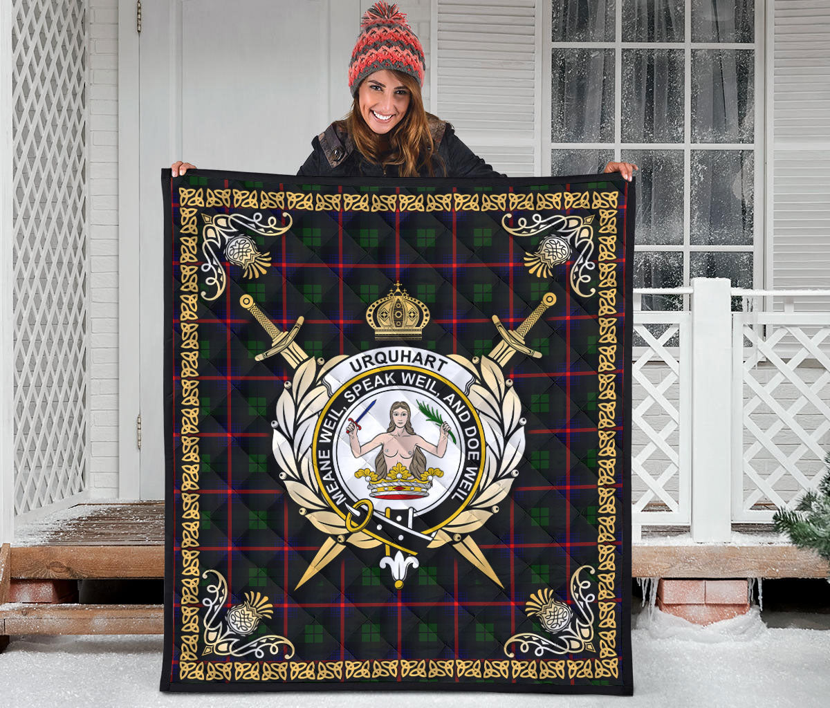 Urquhart Modern Tartan Crest Premium Quilt - Celtic Thistle Style