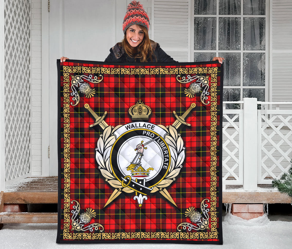 Wallace Hunting Red Tartan Crest Premium Quilt - Celtic Thistle Style