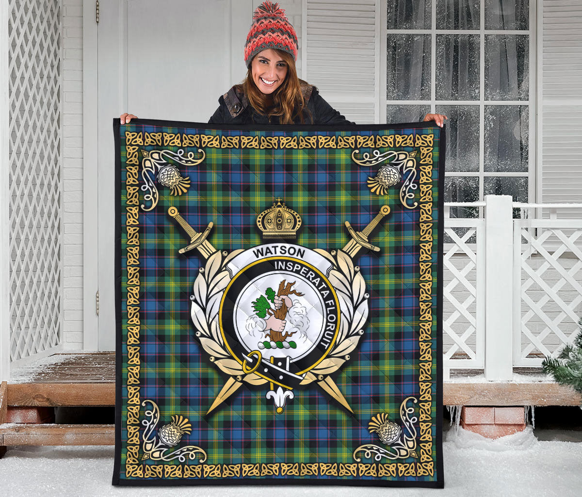 Watson Ancient Tartan Crest Premium Quilt - Celtic Thistle Style