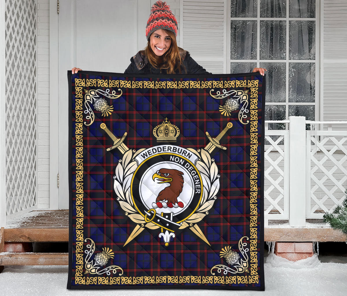 Wedderburn Tartan Crest Premium Quilt - Celtic Thistle Style