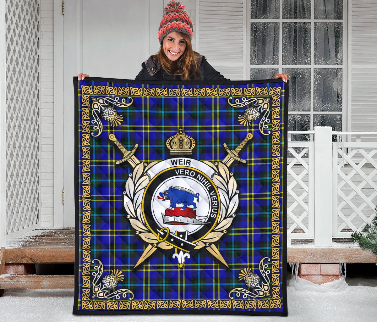 Weir Modern Tartan Crest Premium Quilt - Celtic Thistle Style