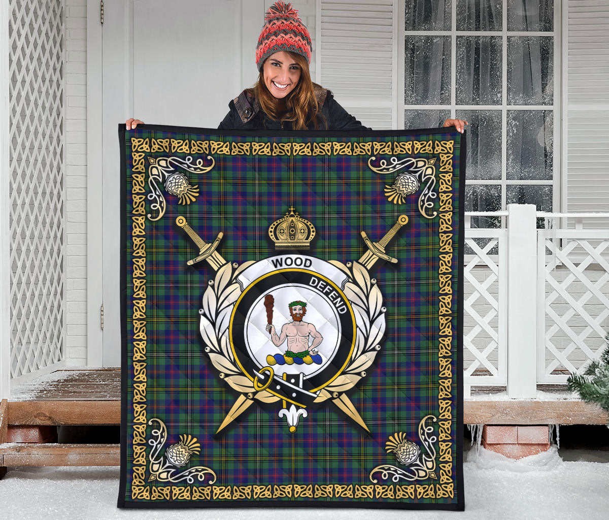 Wood Tartan Crest Premium Quilt - Celtic Thistle Style