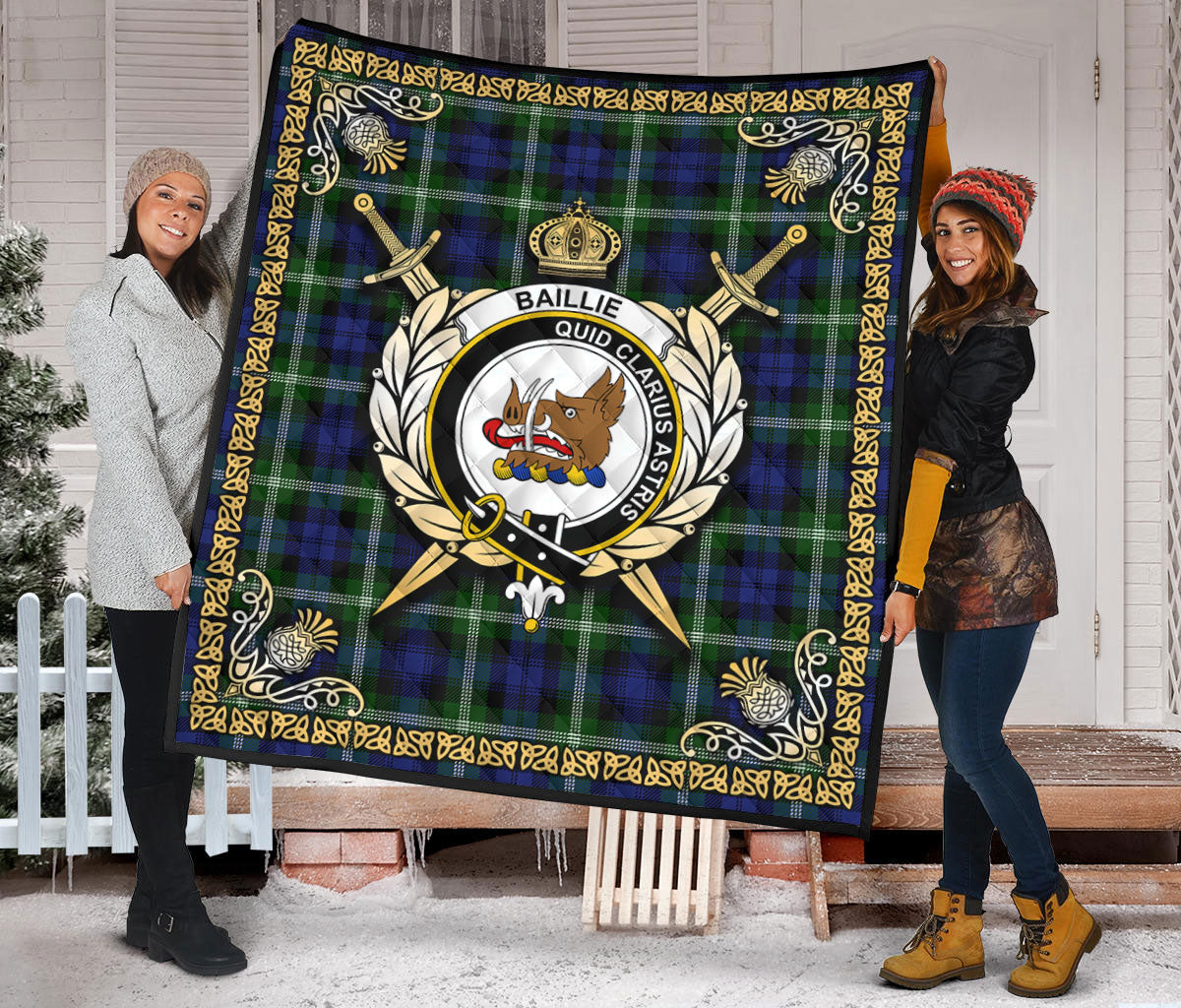 Baillie Modern Tartan Crest Premium Quilt - Celtic Thistle Style