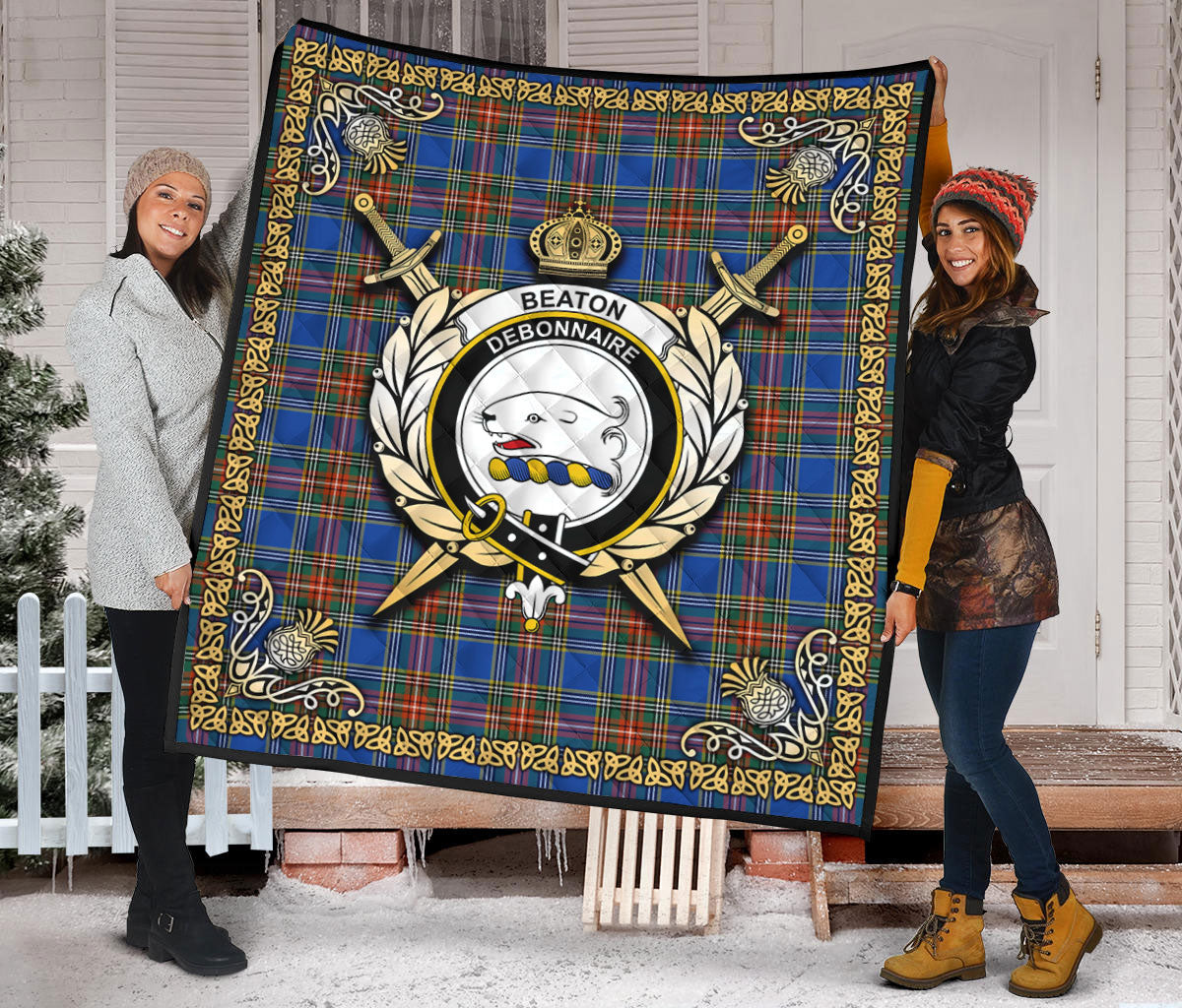 Beaton Ancient Tartan Crest Premium Quilt - Celtic Thistle Style