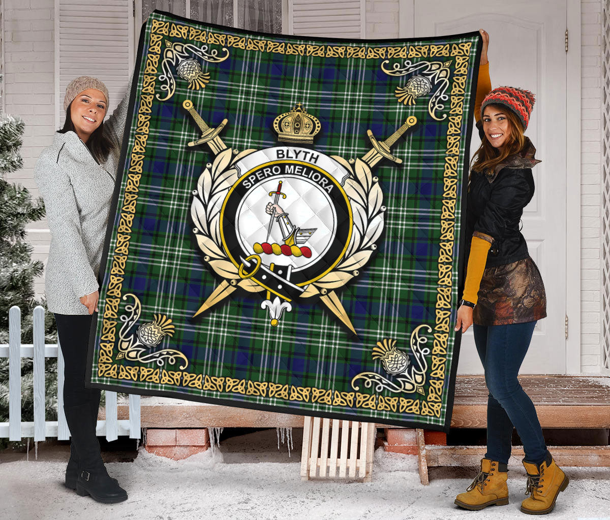 Blyth Tartan Crest Premium Quilt - Celtic Thistle Style