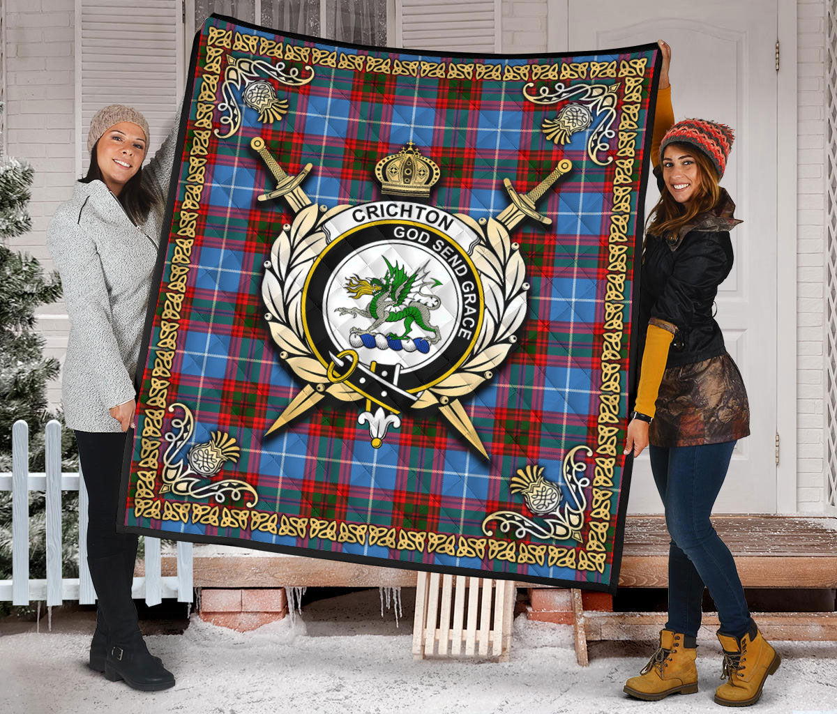 Crichton Tartan Crest Premium Quilt - Celtic Thistle Style