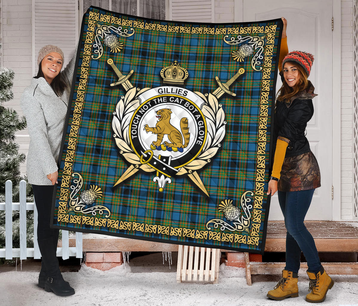 Gillies Ancient Tartan Crest Premium Quilt - Celtic Thistle Style