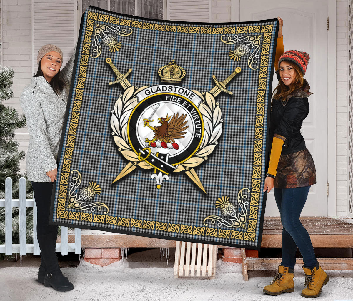 Gladstone Tartan Crest Premium Quilt - Celtic Thistle Style
