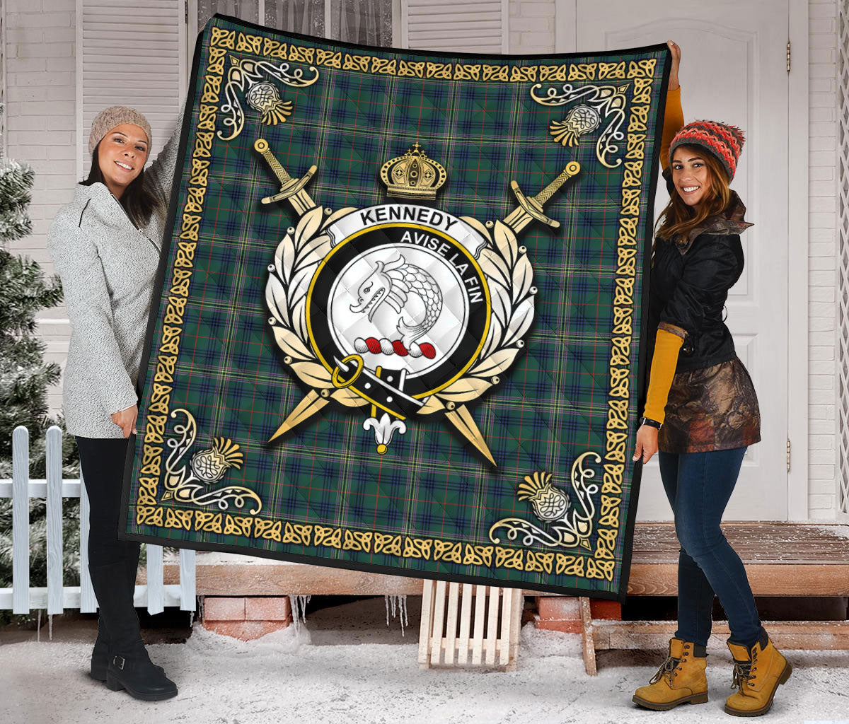 Kennedy Modern Tartan Crest Premium Quilt - Celtic Thistle Style