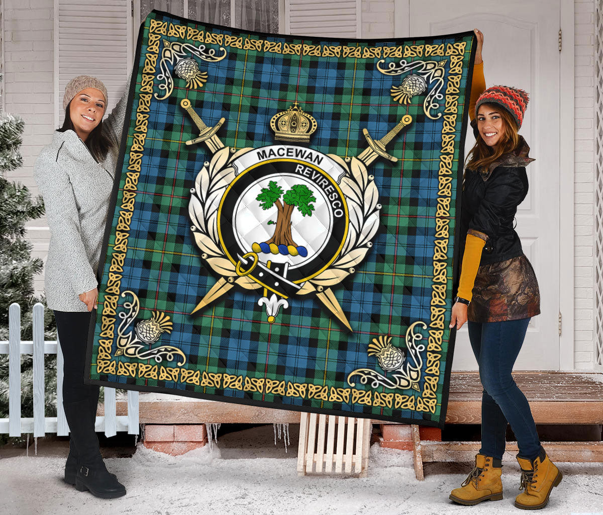 MacEwan Ancient Tartan Crest Premium Quilt - Celtic Thistle Style