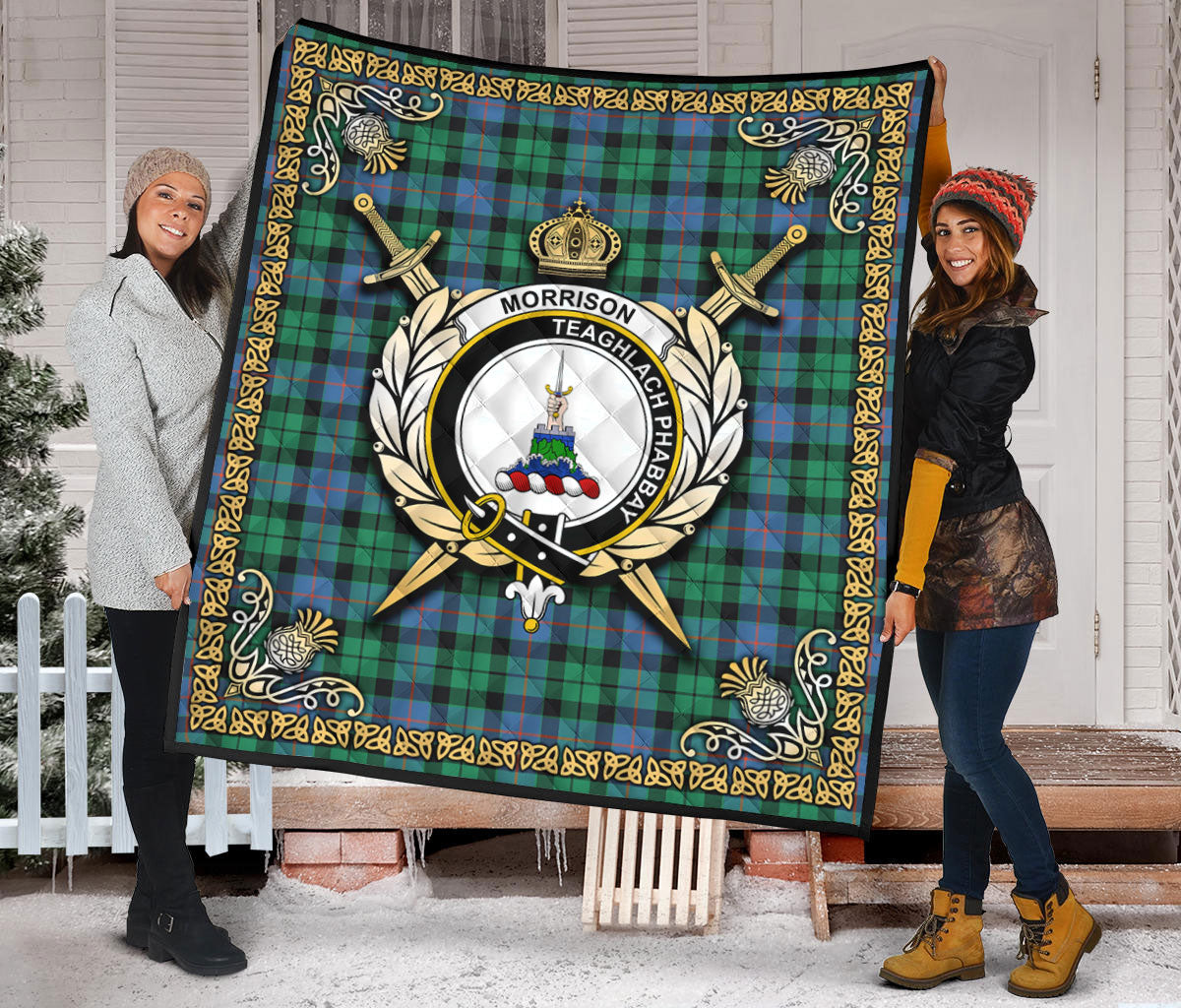 Morrison Ancient Tartan Crest Premium Quilt - Celtic Thistle Style