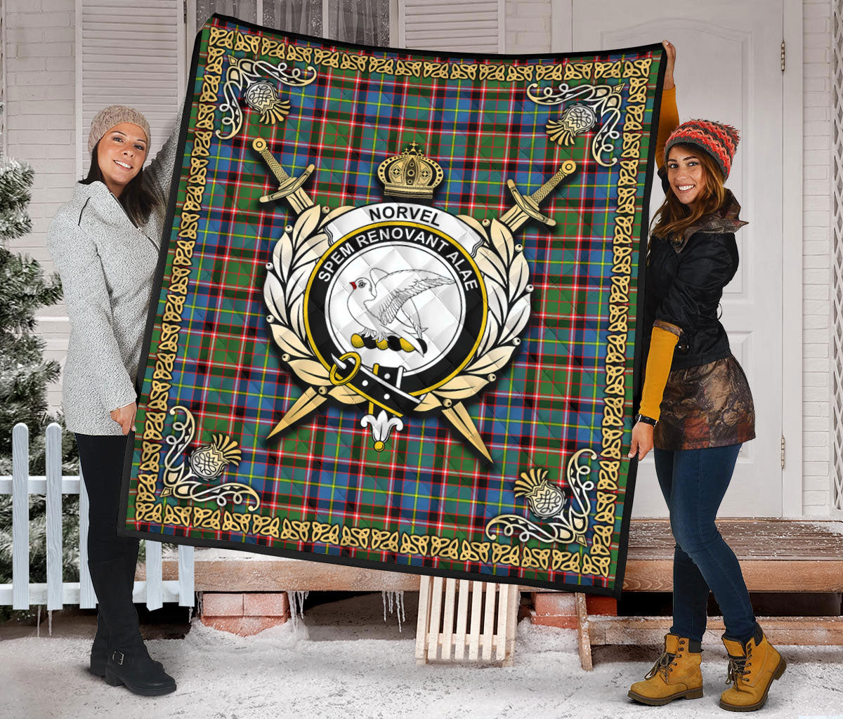 Norvel (or Norvill) Tartan Crest Premium Quilt - Celtic Thistle Style