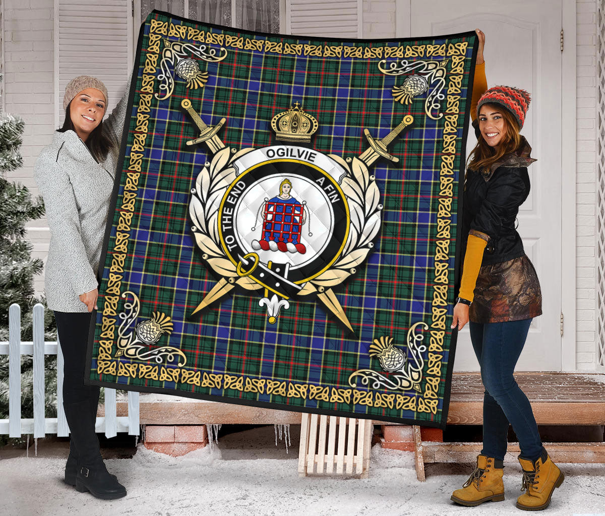 Ogilvie Hunting Modern Tartan Crest Premium Quilt - Celtic Thistle Style