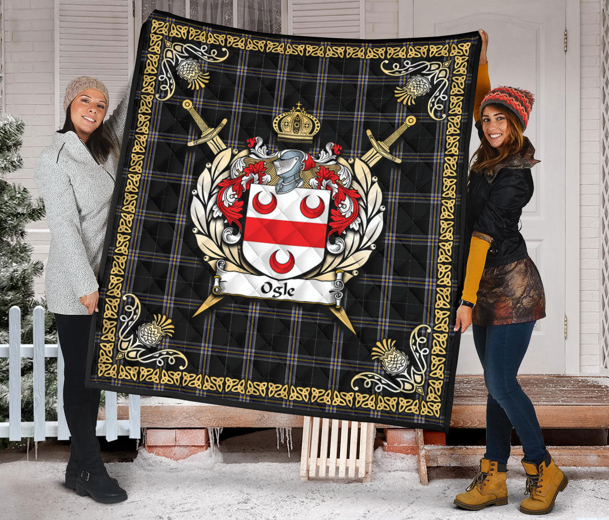 Ogle Tartan Crest Premium Quilt - Celtic Thistle Style