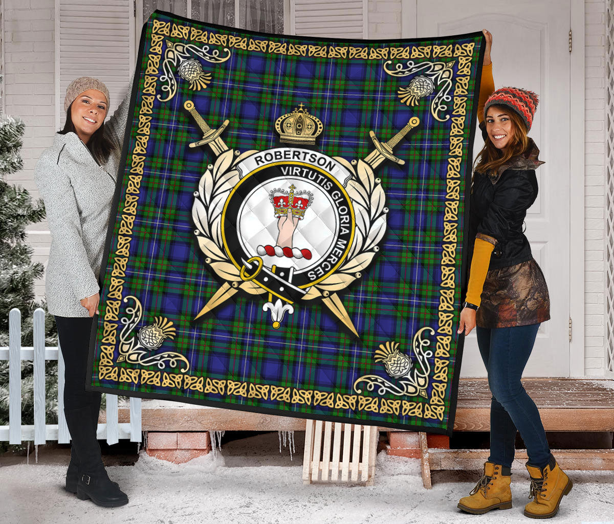 Robertson Hunting Modern Tartan Crest Premium Quilt - Celtic Thistle Style