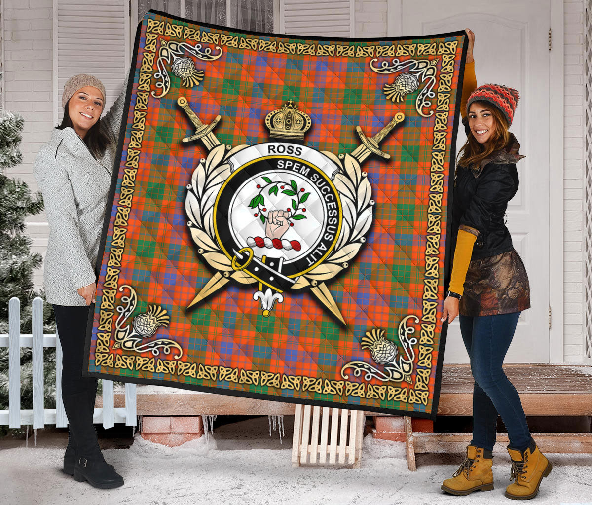 Ross Ancient Tartan Crest Premium Quilt - Celtic Thistle Style