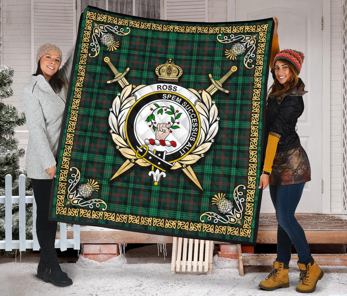Ross Hunting Modern Tartan Crest Premium Quilt - Celtic Thistle Style