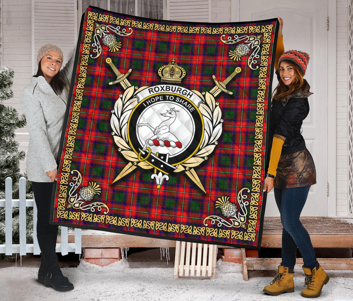 Roxburgh District Tartan Crest Premium Quilt - Celtic Thistle Style