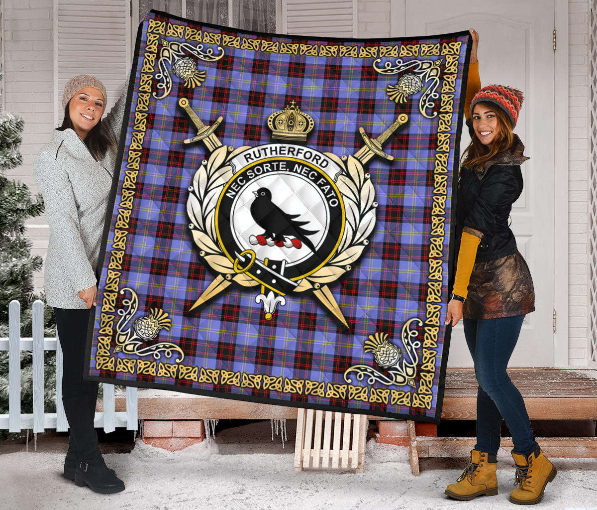 Rutherford Tartan Crest Premium Quilt - Celtic Thistle Style