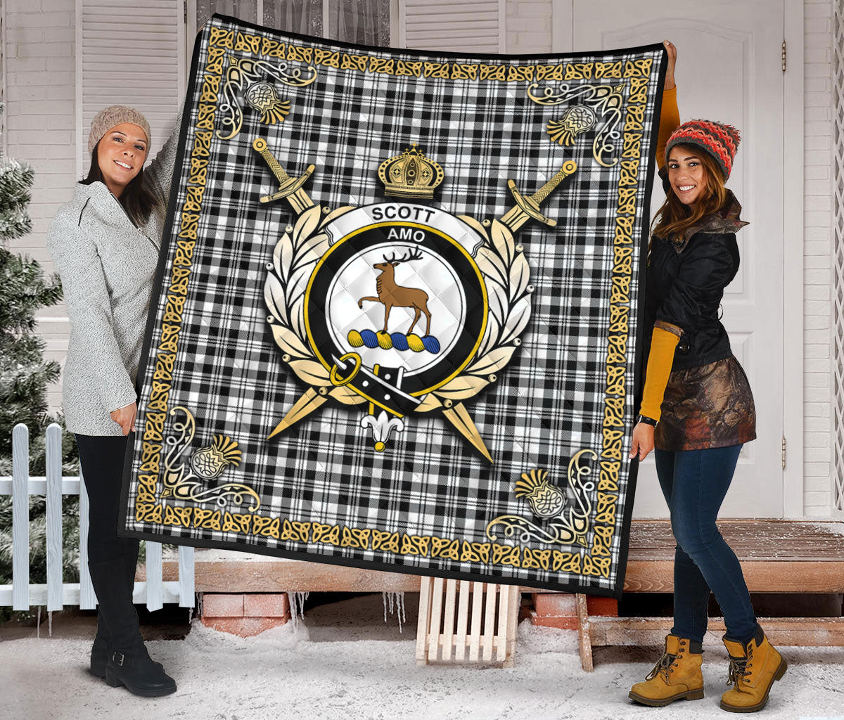 Scott Black & White Modern Tartan Crest Premium Quilt - Celtic Thistle Style