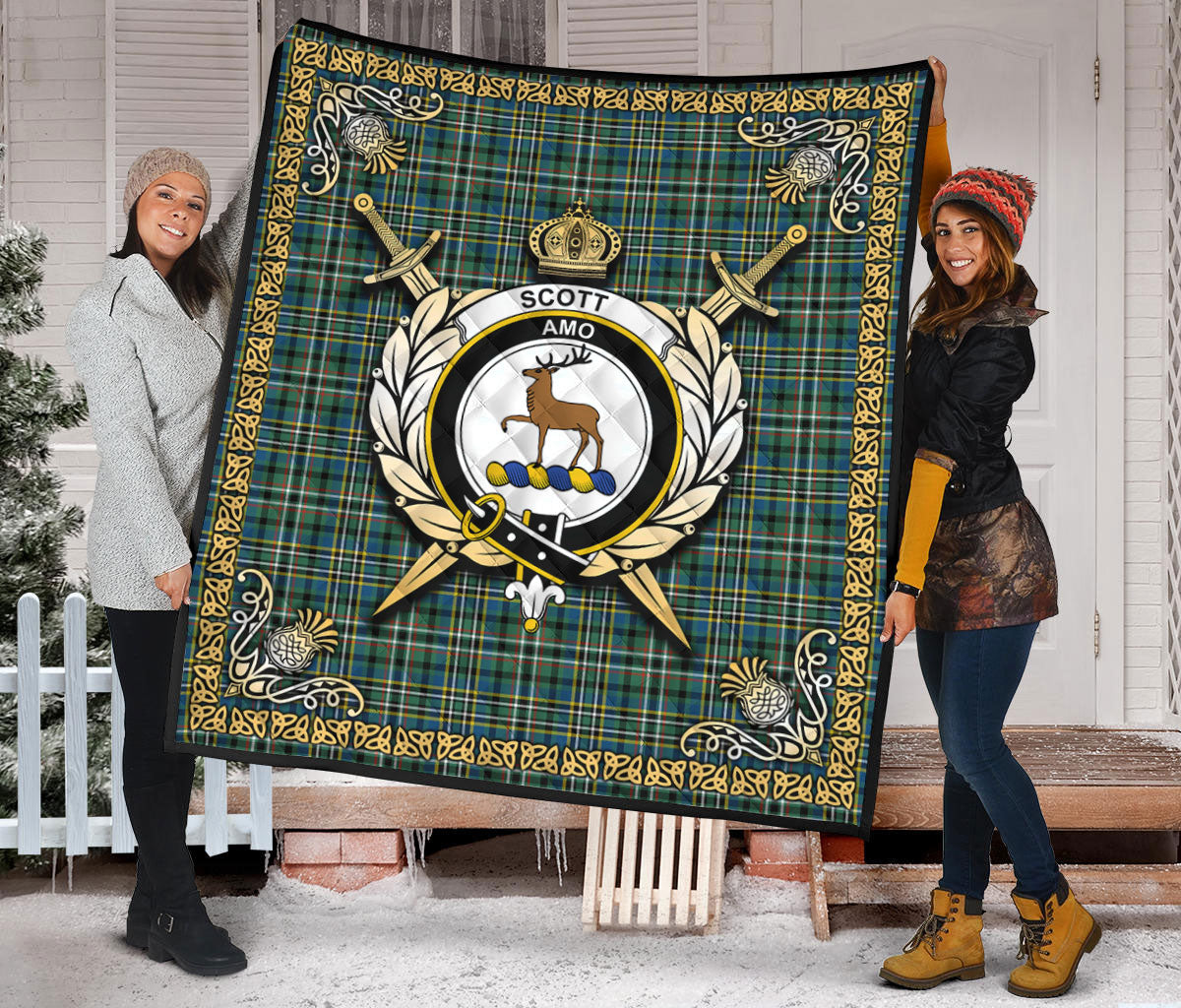 Scott Green Ancient Tartan Crest Premium Quilt - Celtic Thistle Style
