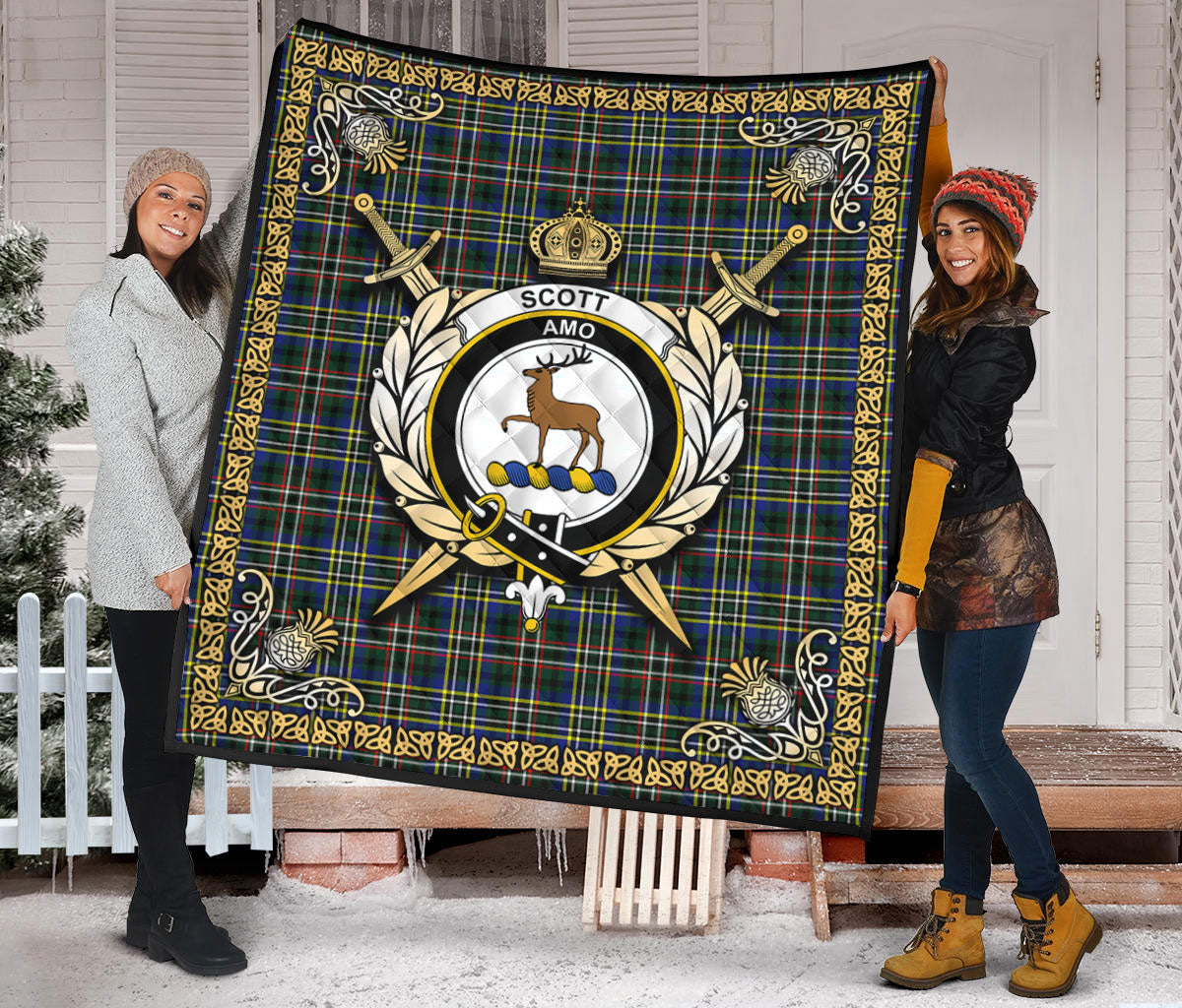 Scott Green Modern Tartan Crest Premium Quilt - Celtic Thistle Style
