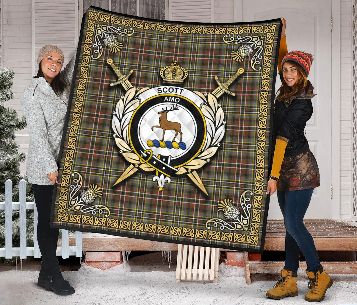 Scott Green Weathered Tartan Crest Premium Quilt - Celtic Thistle Style