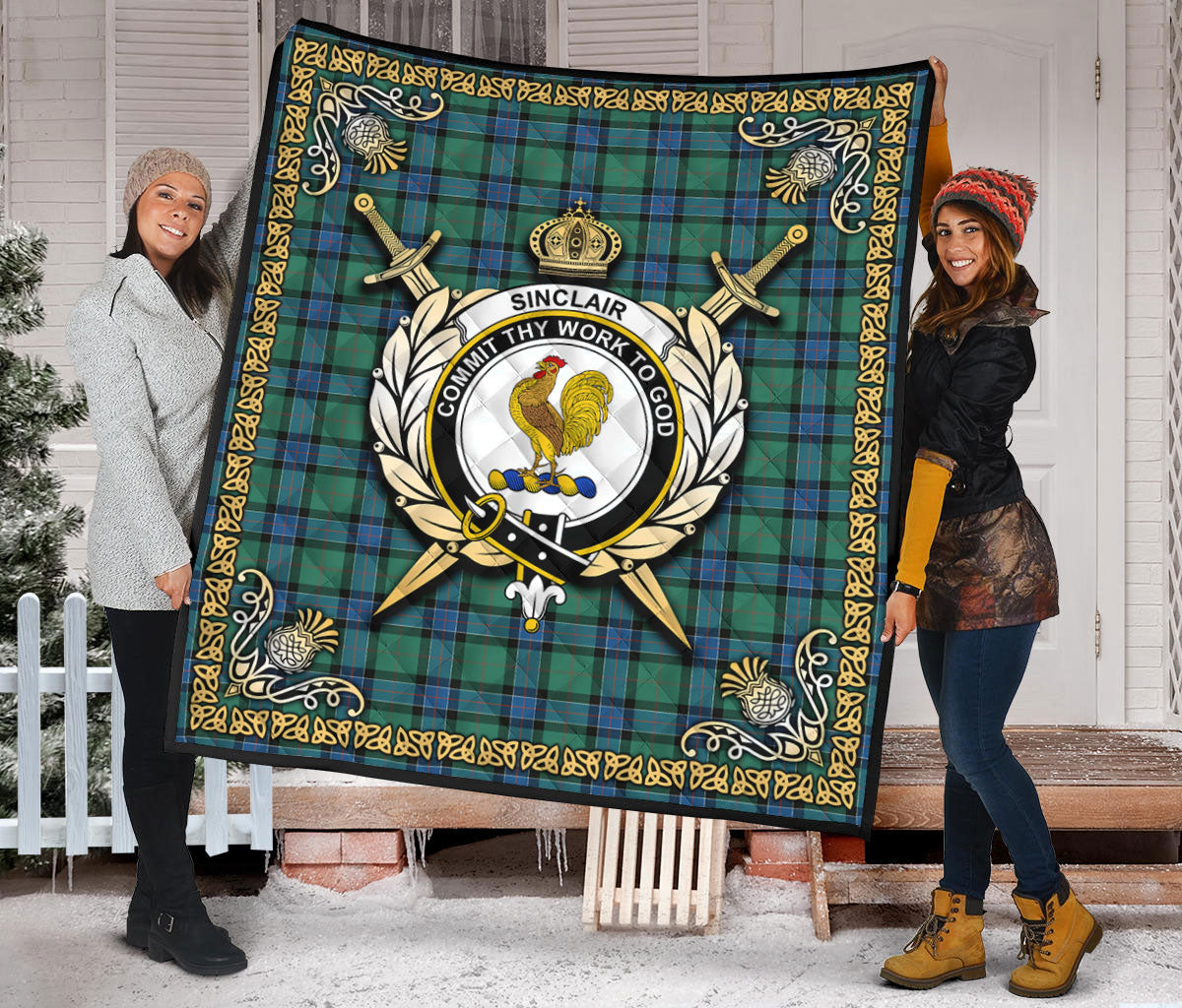 Sinclair Hunting Ancient Tartan Crest Premium Quilt - Celtic Thistle Style
