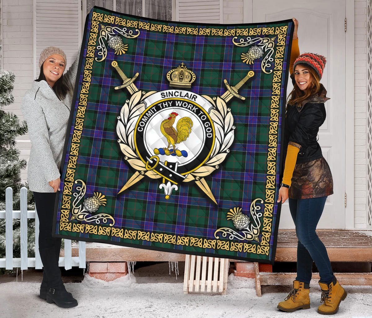 Sinclair Hunting Modern Tartan Crest Premium Quilt - Celtic Thistle Style