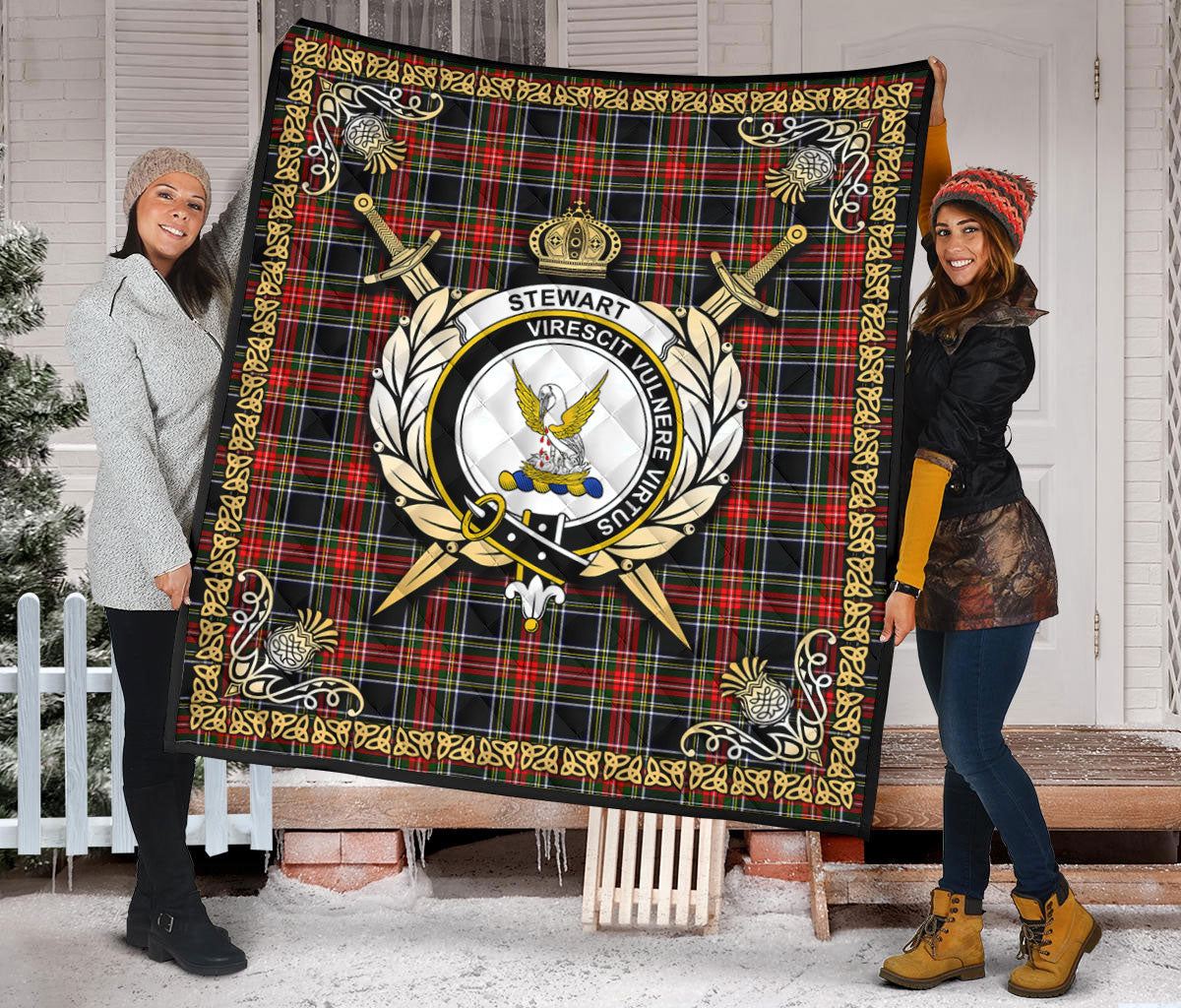 Stewart Black Tartan Crest Premium Quilt - Celtic Thistle Style