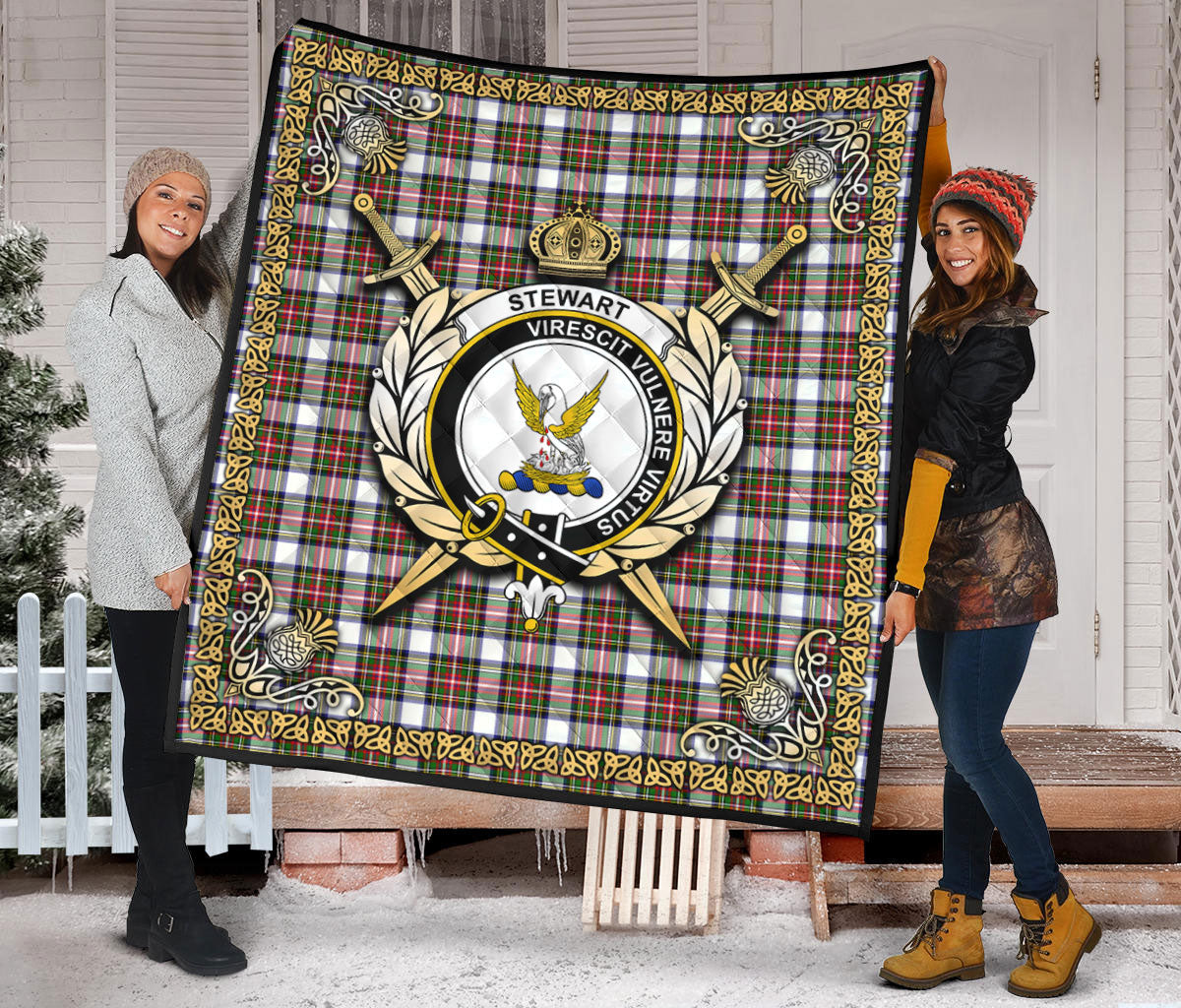 Stewart Dress Modern Tartan Crest Premium Quilt - Celtic Thistle Style