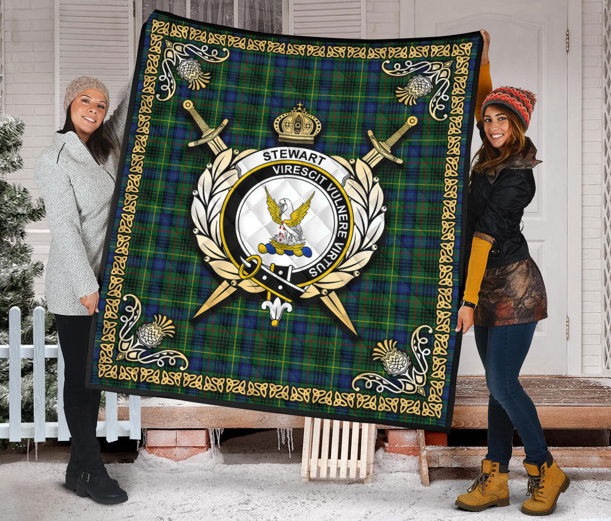 Stewart Hunting Modern Tartan Crest Premium Quilt - Celtic Thistle Style