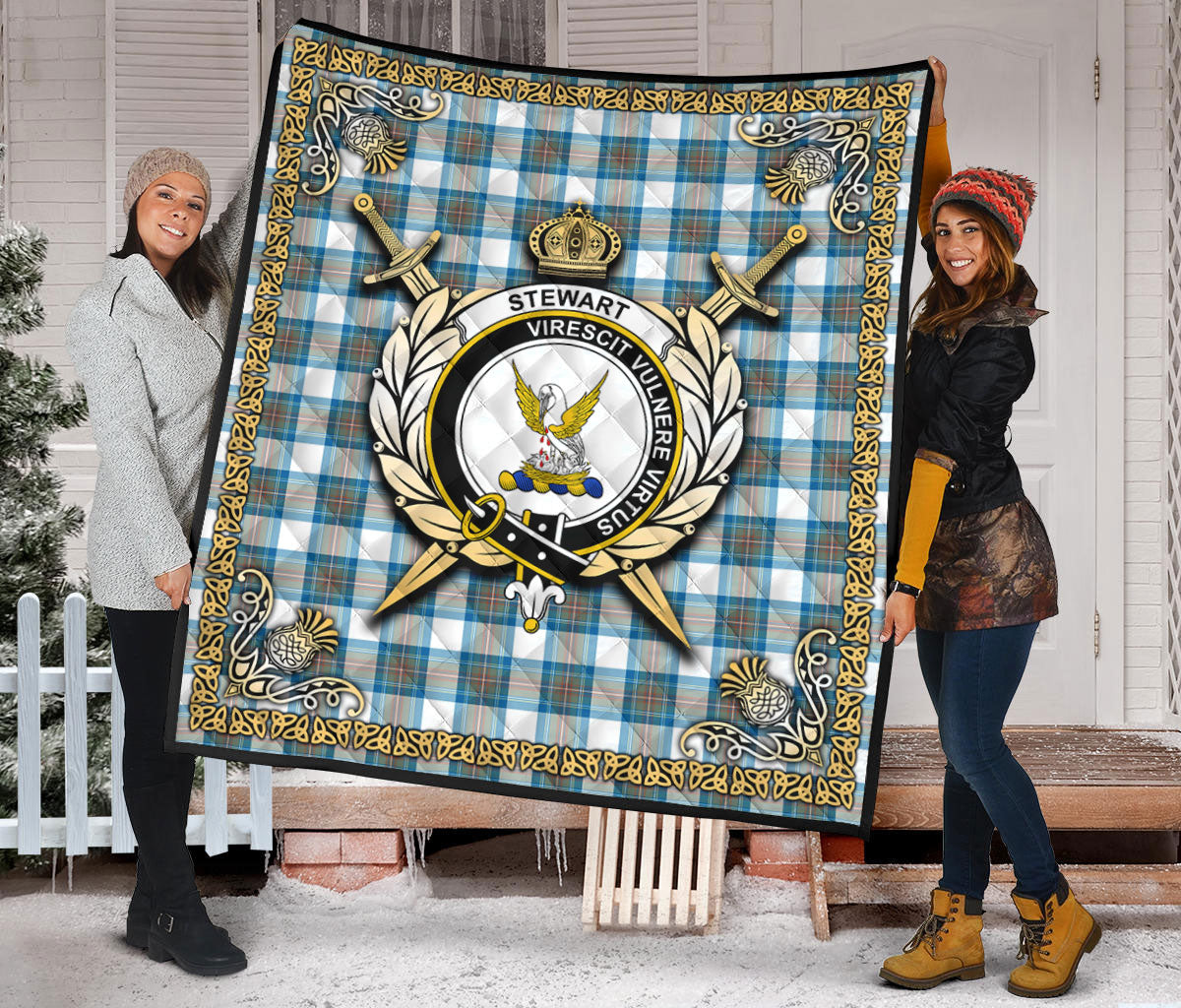 Stewart Muted Blue Tartan Crest Premium Quilt - Celtic Thistle Style