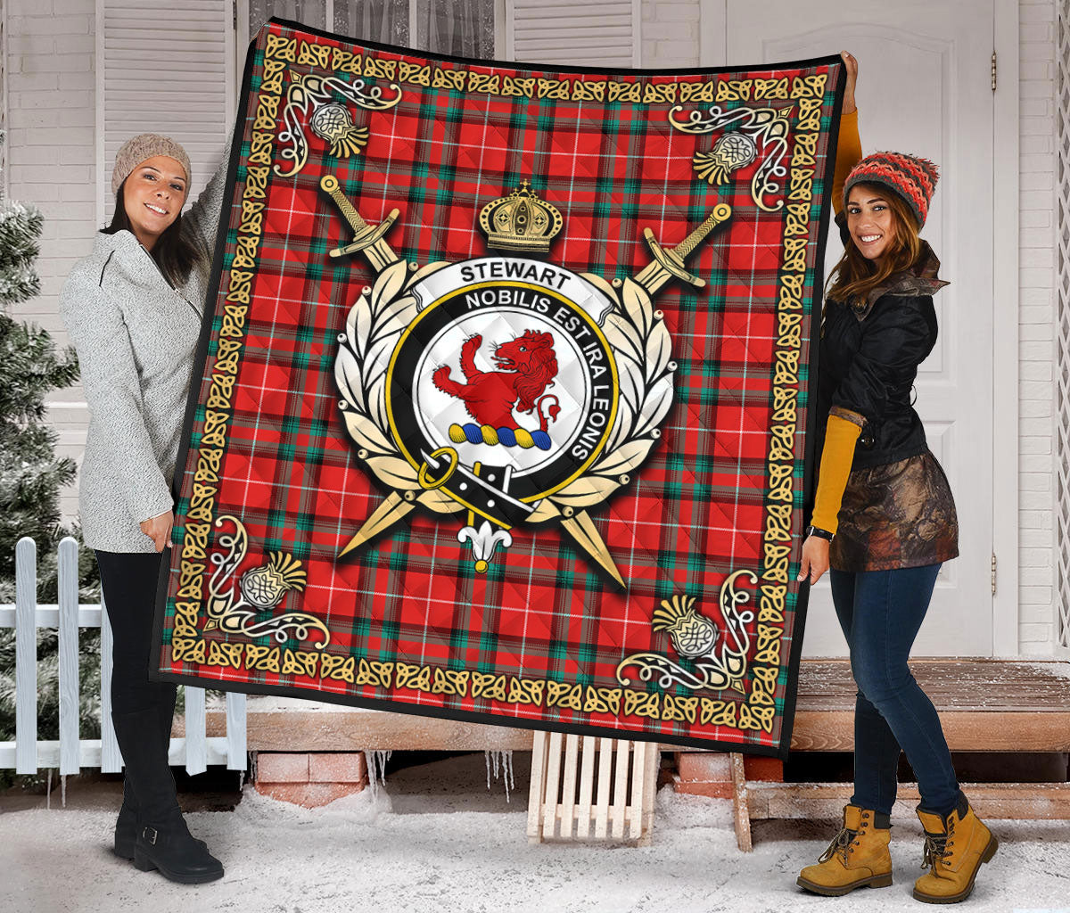 Stewart (Stuart) of Bute Tartan Crest Premium Quilt - Celtic Thistle Style
