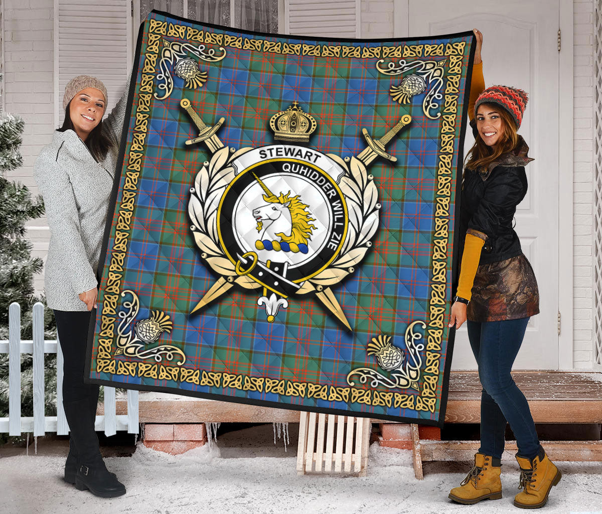 Stewart of Appin Hunting Ancient Tartan Crest Premium Quilt - Celtic Thistle Style
