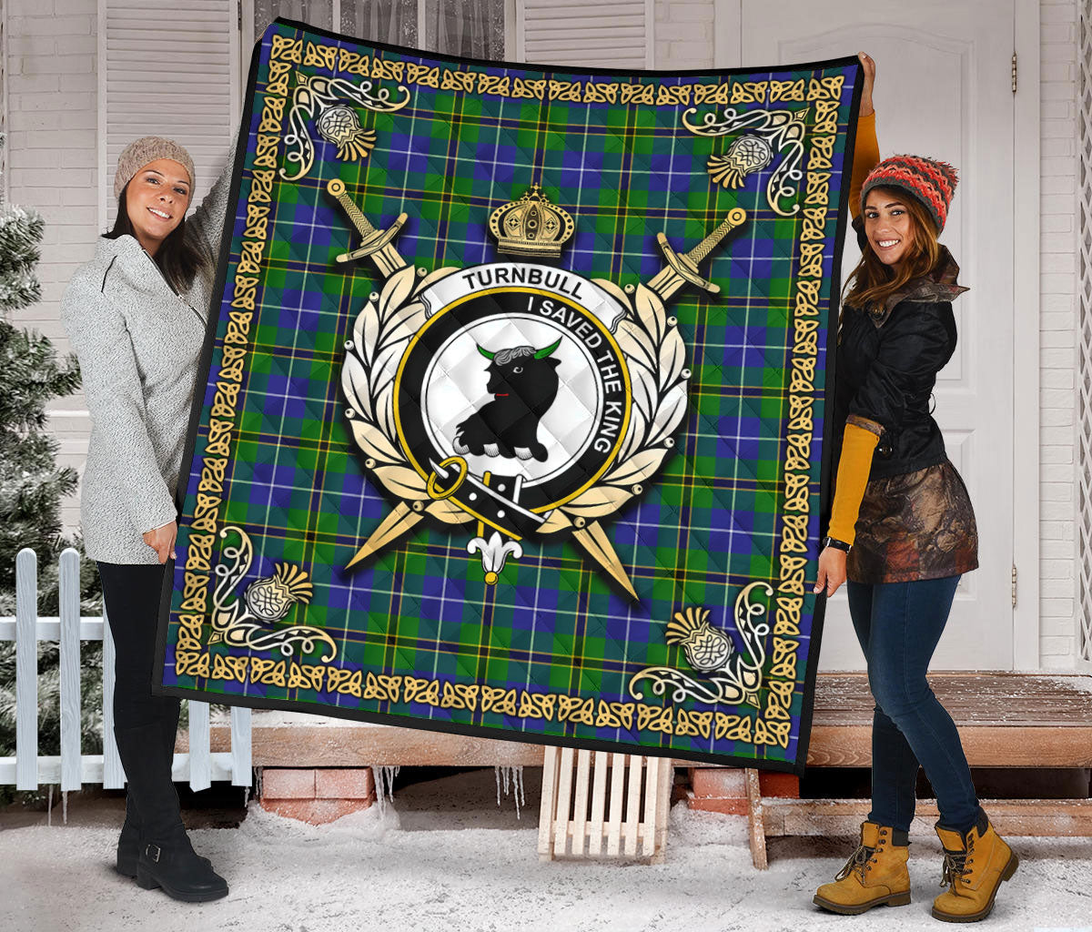 Turnbull Hunting Tartan Crest Premium Quilt - Celtic Thistle Style