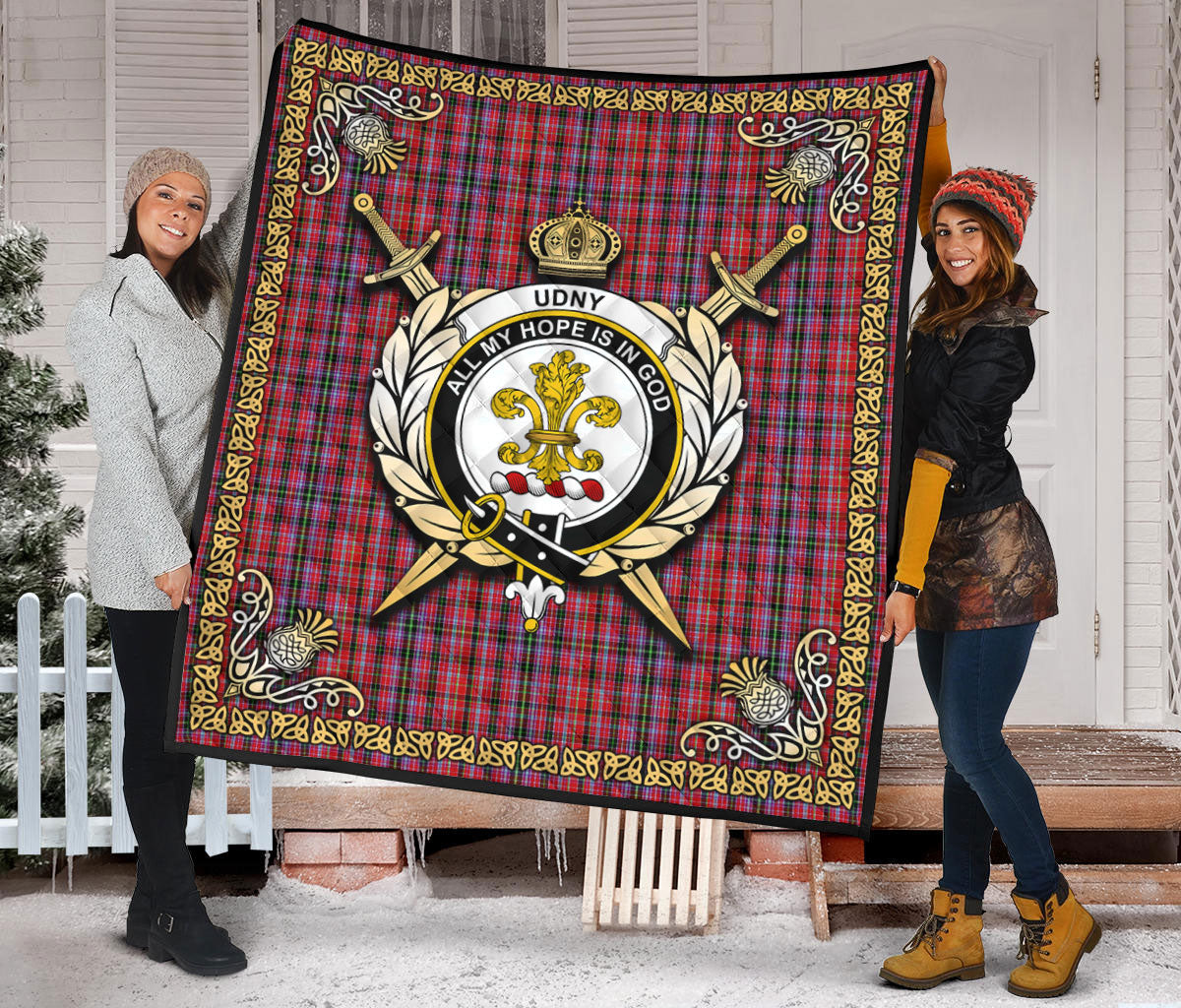 Udny Tartan Crest Premium Quilt - Celtic Thistle Style