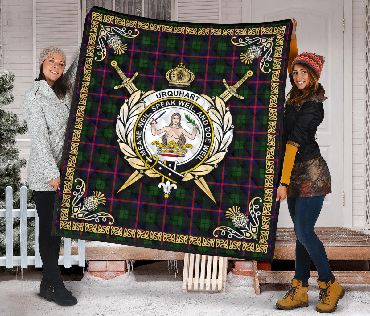 Urquhart Modern Tartan Crest Premium Quilt - Celtic Thistle Style