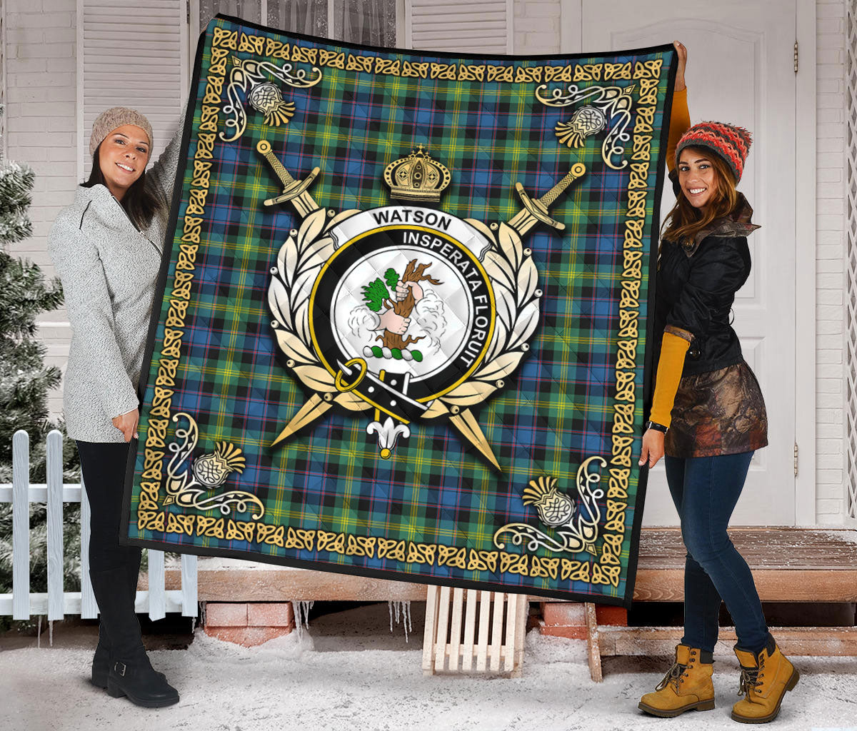 Watson Ancient Tartan Crest Premium Quilt - Celtic Thistle Style