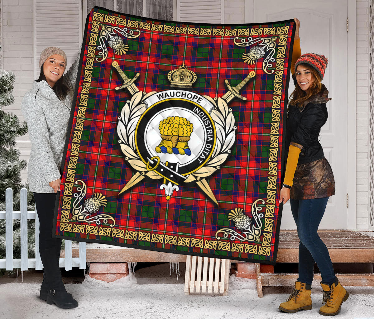 Wauchope (or Waugh) Tartan Crest Premium Quilt - Celtic Thistle Style