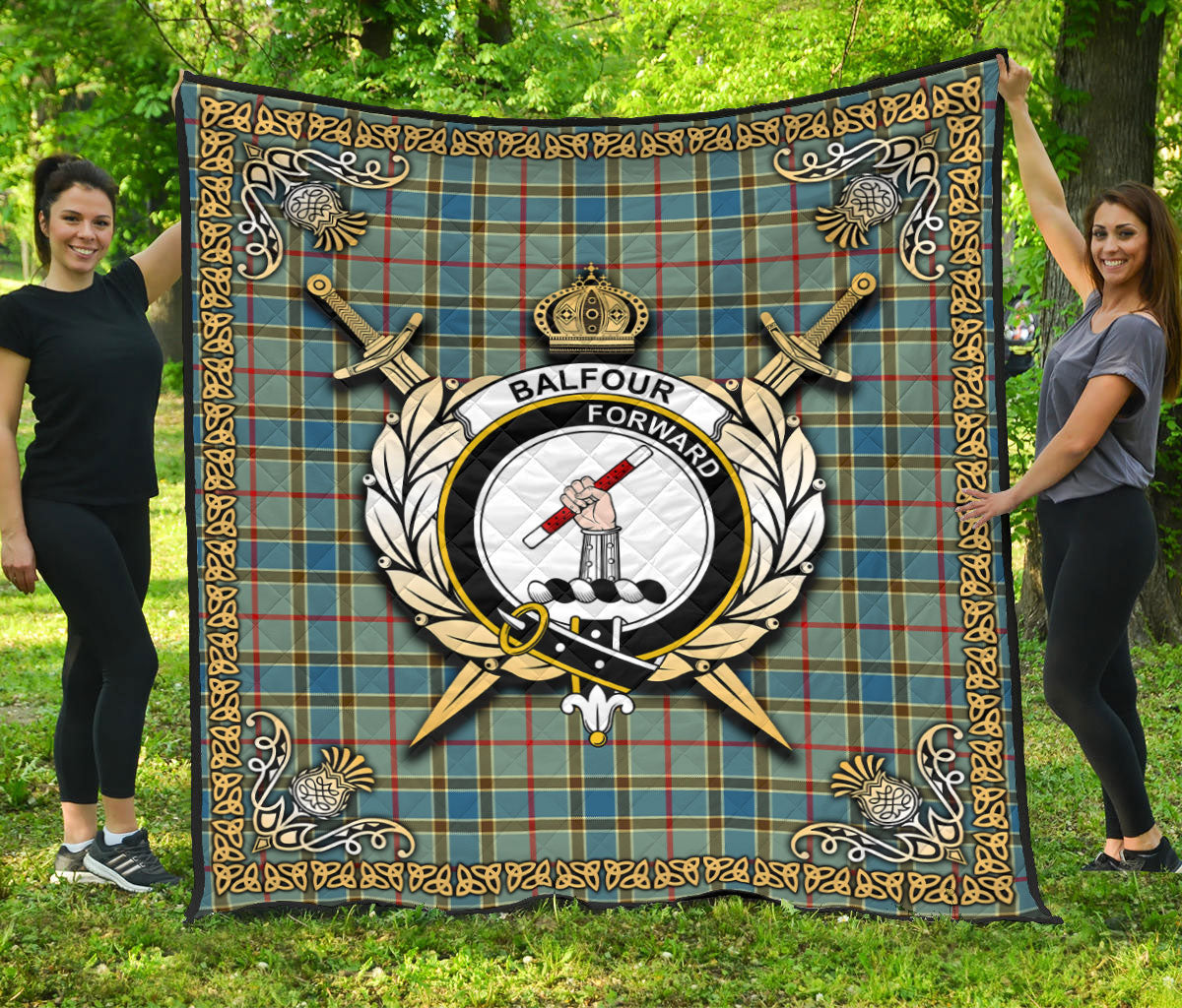 Balfour Blue Tartan Crest Premium Quilt - Celtic Thistle Style