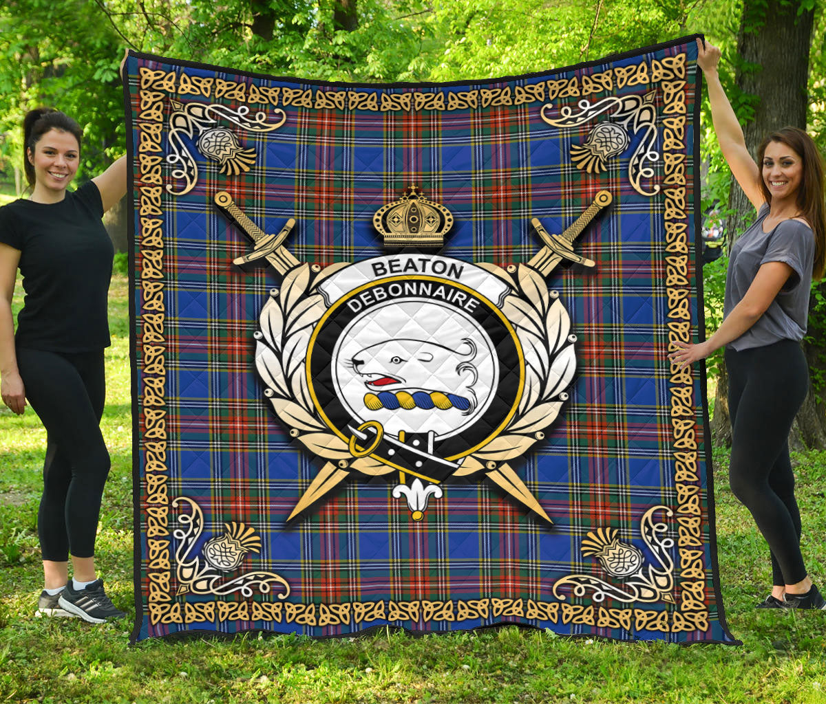 Beaton Ancient Tartan Crest Premium Quilt - Celtic Thistle Style