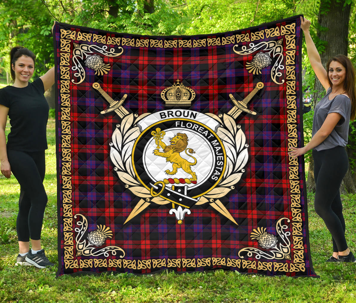 Brown Modern Tartan Crest Premium Quilt - Celtic Thistle Style