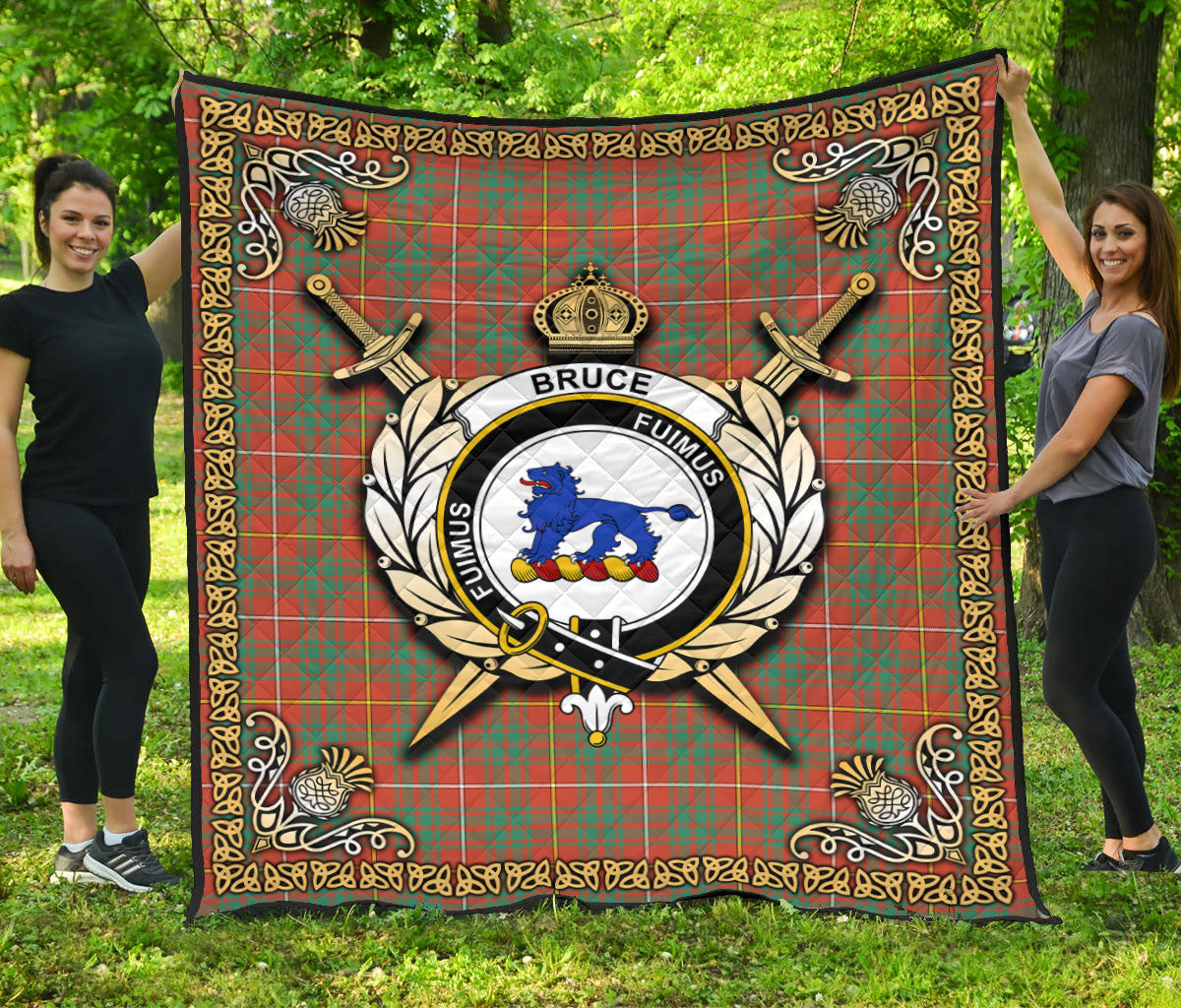 Bruce Ancient Tartan Crest Premium Quilt - Celtic Thistle Style