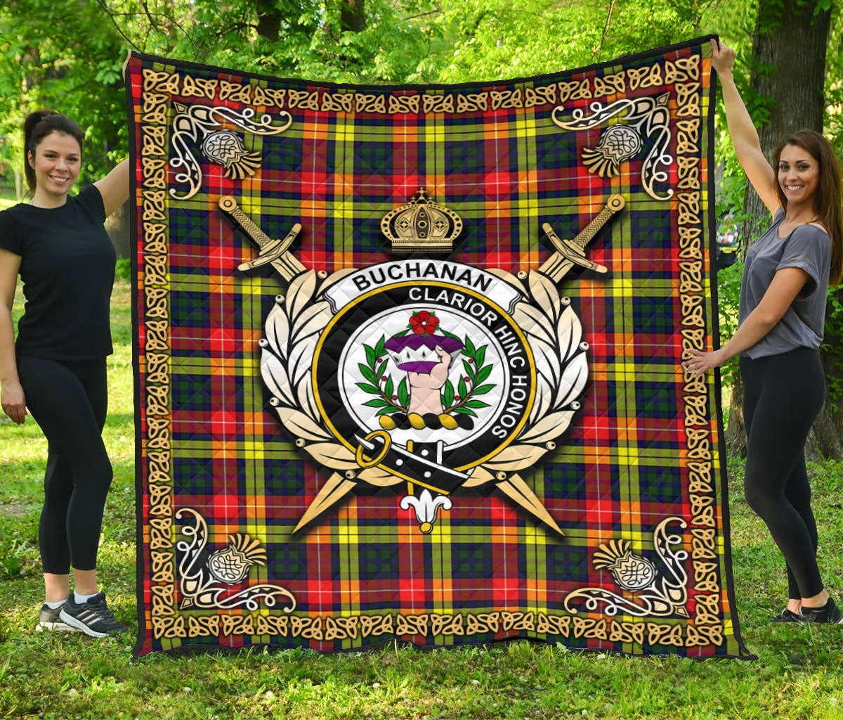 Buchanan Modern Tartan Crest Premium Quilt - Celtic Thistle Style